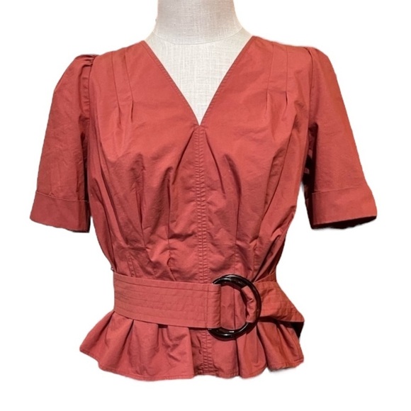 Worthington Medium Rust Orange Belted Cuff Short Sleeve Peplum Shirt - Picture 2 of 11